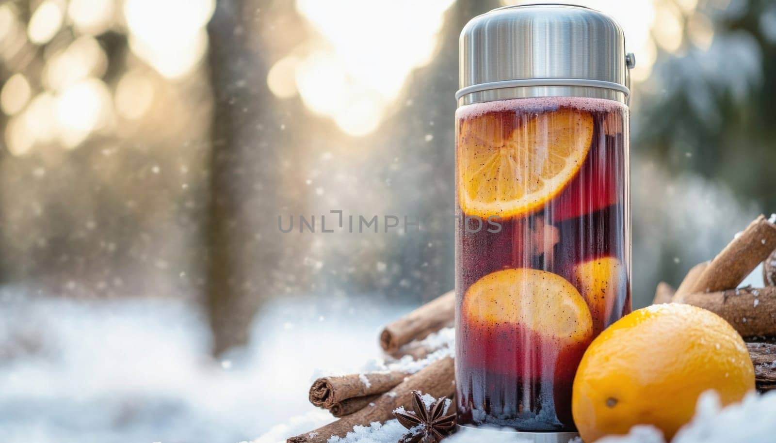 Steaming mug of mulled wine with orange, cinnamon and star anise, enjoying a winter day in snowy forest