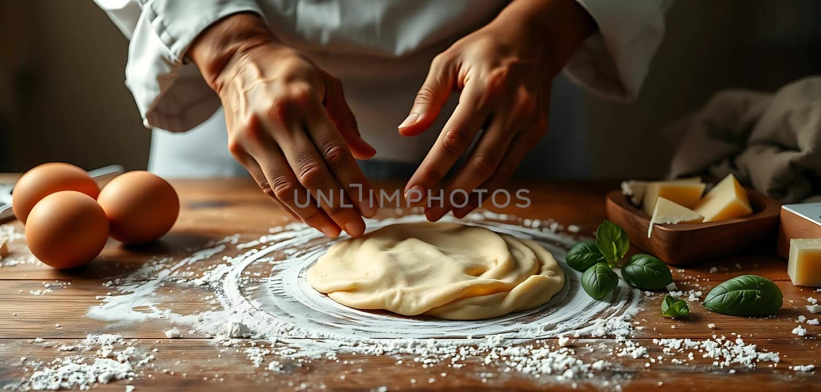 In a warmly lit kitchen, hands gently shape pizza dough on a floured surface. Scattered nearby are fresh eggs, cheese, and basil leaves, suggesting a delicious meal in progress. The scene radiates a cozy, homemade vibe.