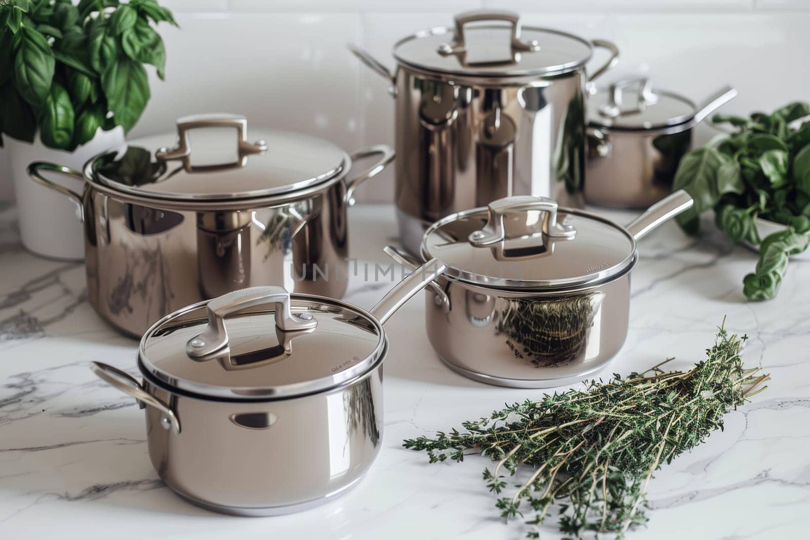 High-end cookware in rich mocha and cream tones displayed on a marble countertop alongside fresh garlic and herbs. the sophisticated design emphasizes luxury kitchen aesthetics, perfect for modern culinary settings and home chefs.