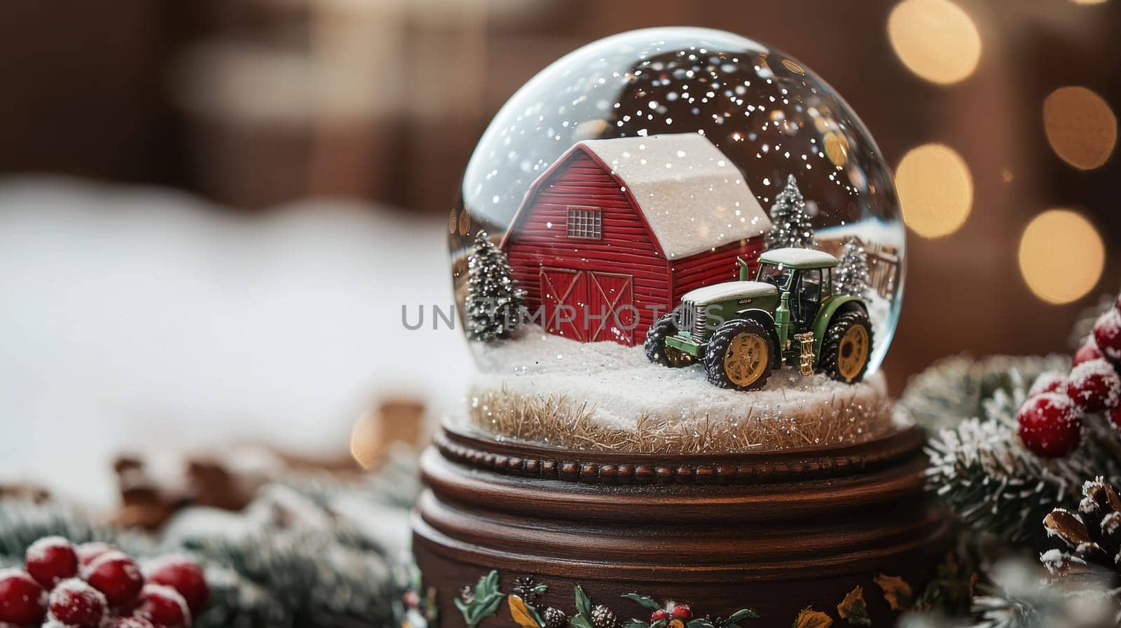 Rustic farmhouse snow globe featuring a charming red barn and vintage tractor. surrounded by snowy fields, pine trees, and swirling glitter snowflakes, the wooden base is adorned with hand-painted country motifs, perfect for seasonal decor.