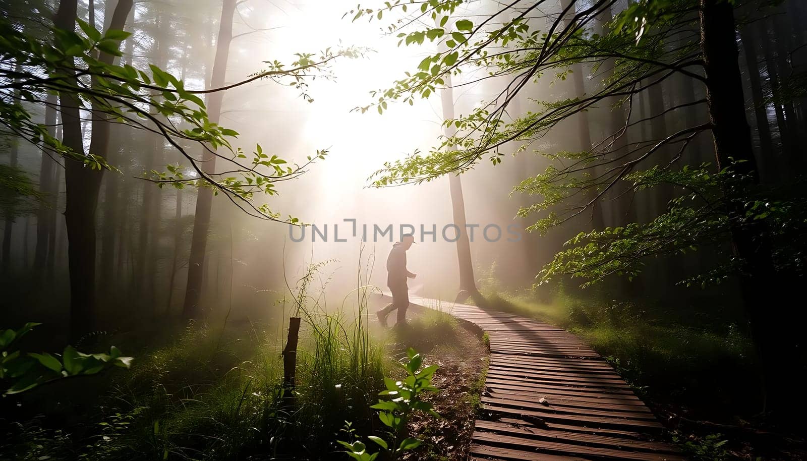 In a misty, ethereal forest, a solitary figure walks along a wooden path. Sunlight filters through dense foliage, casting a warm, mystical glow. The mood is serene and enchanting, with tall trees and lush greenery framing the scene.