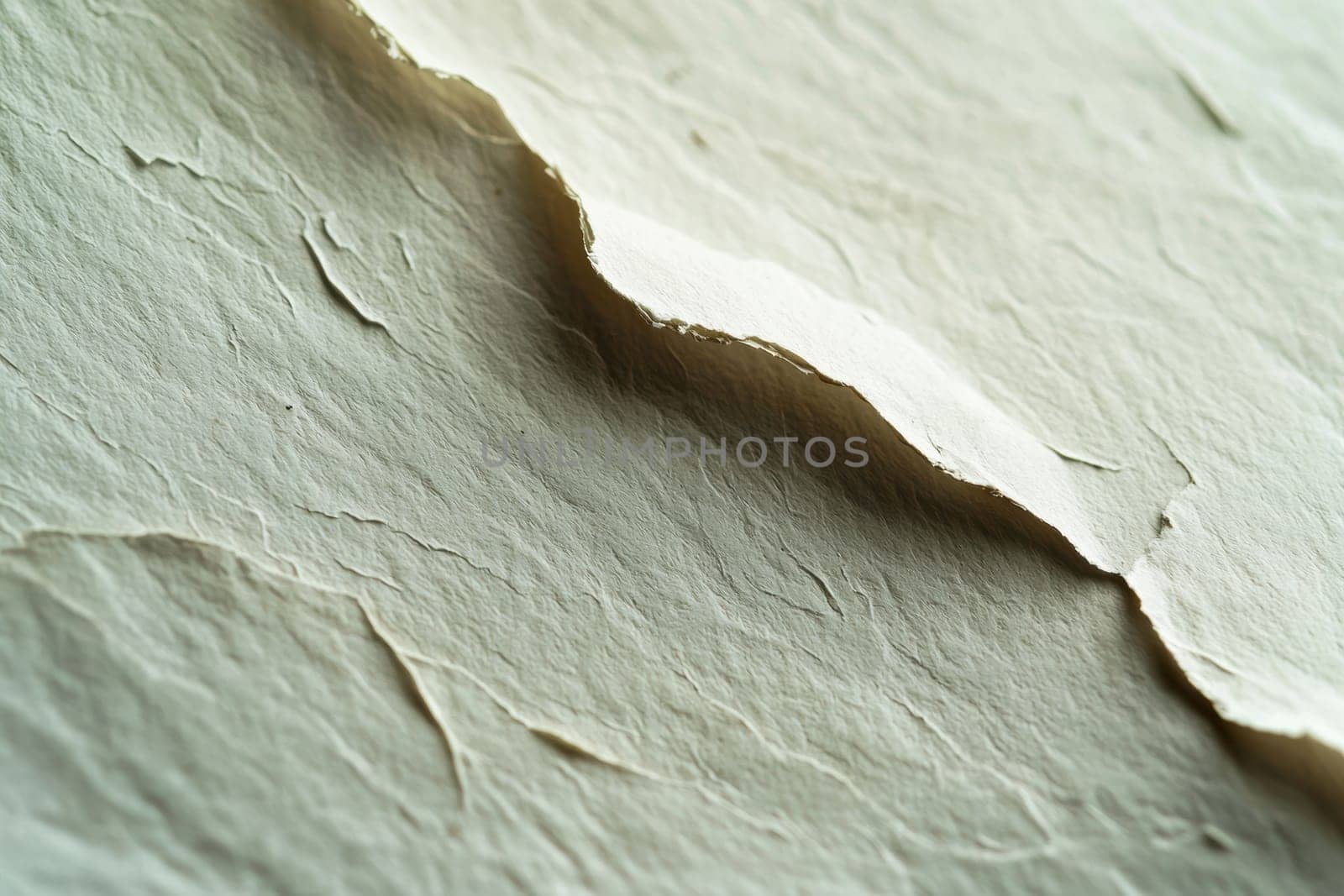 High-resolution close-up of a tear diagonally running across a white sheet of paper. the fibers are vividly visible along the ripped edges, creating a striking textured effect. ideal for design projects emphasizing authenticity and detail.