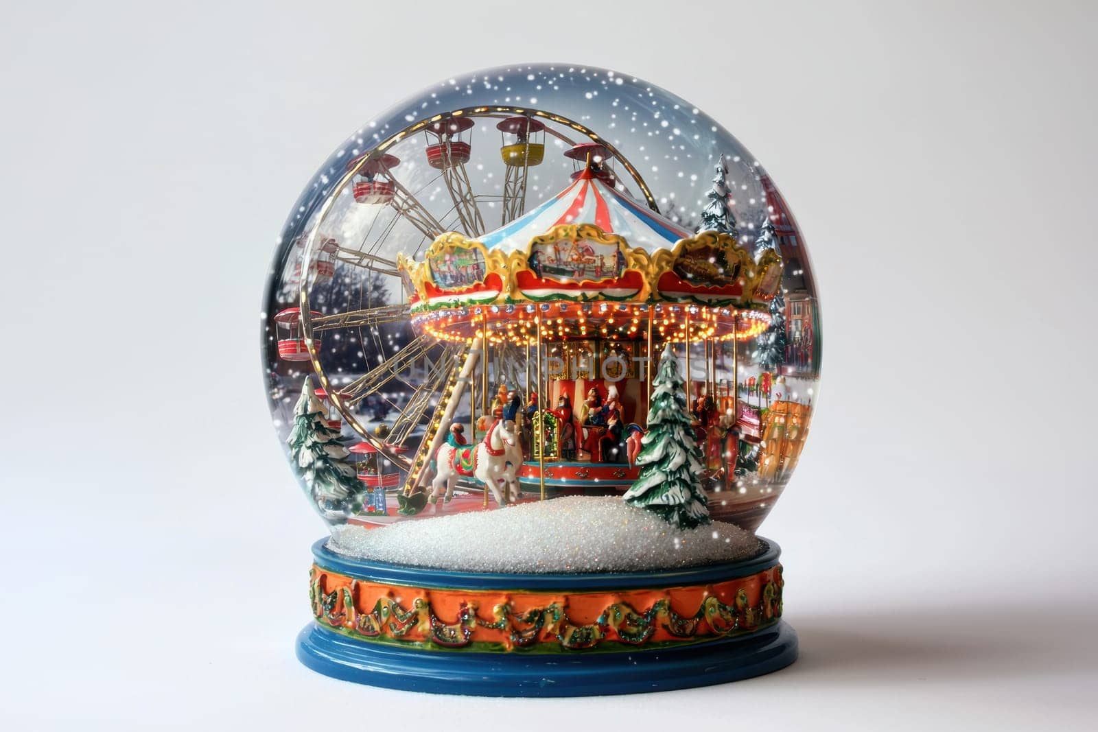Winter carnival snow globe featuring a detailed ferris wheel, carousel, and festive food stalls. swirling snowflakes surround the scene inside, creating a magical holiday atmosphere. the vibrant base is painted with traditional holiday colors.