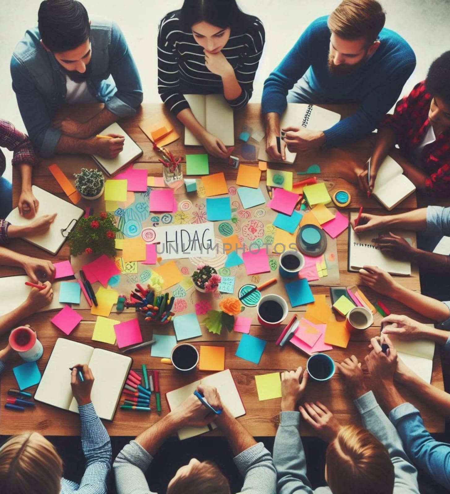 A group of people are sitting around a table with a large diagram on it. They are all working together on a project, with some people writing on the diagram and others looking at it