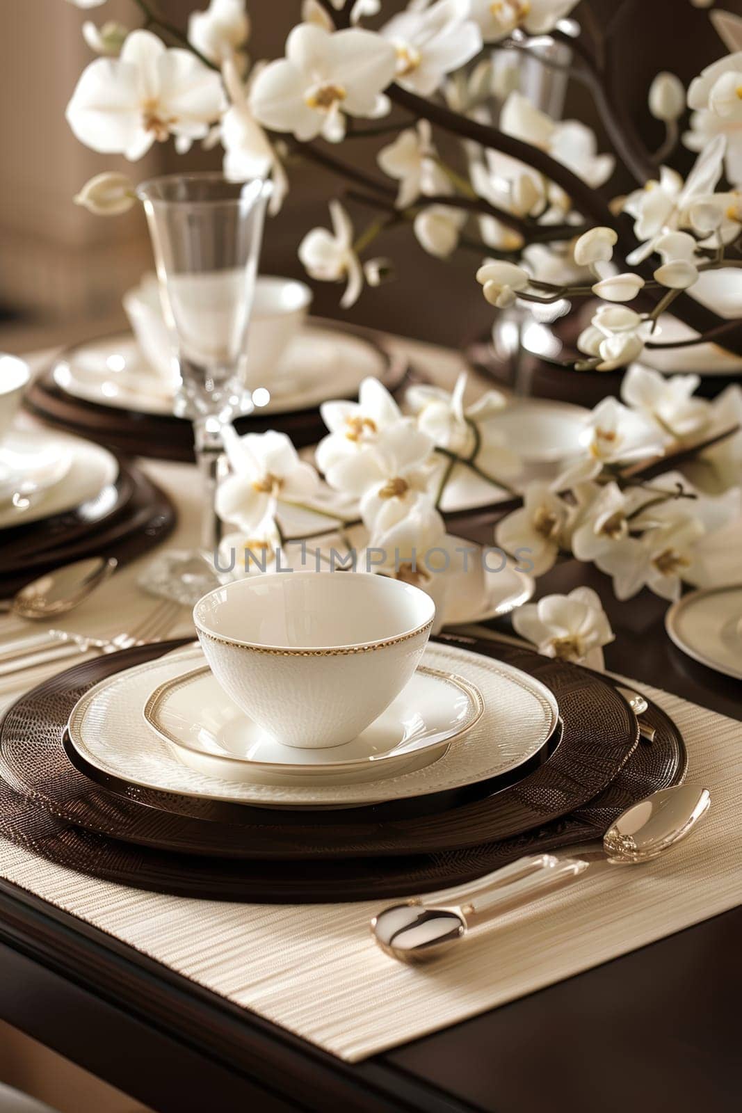 A sophisticated dining table setup showcasing mocha mousse, cream plates, and an elegant floral arrangement. the scene features fine glassware and cutlery, creating a luxurious atmosphere ideal for dinner parties and special gatherings.