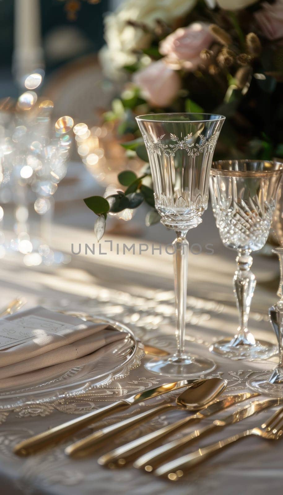 Elegant wedding reception table featuring mocha mousse napkins, crystal glasses, and gold plated cutlery. styled with a romantic centerpiece, the setting exudes sophistication and luxury, ideal for high-end weddings and celebrations.