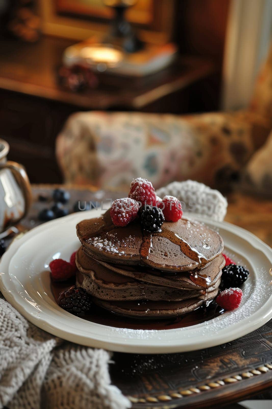 Stack of mocha mousse pancakes topped with maple syrup and fresh berries on a white plate. this inviting breakfast setting includes a plaid tablecloth, outdoor elements like a tent and greenery, and a rustic atmosphere.