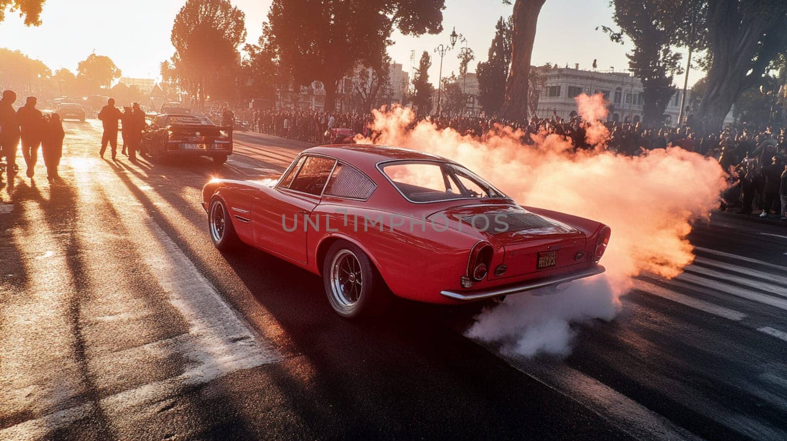 Pink muscle car revs its engine, creating smoke as a crowd cheers at an event. The vibrant sunset adds excitement to this dynamic scene of automotive passion in california's urban streets