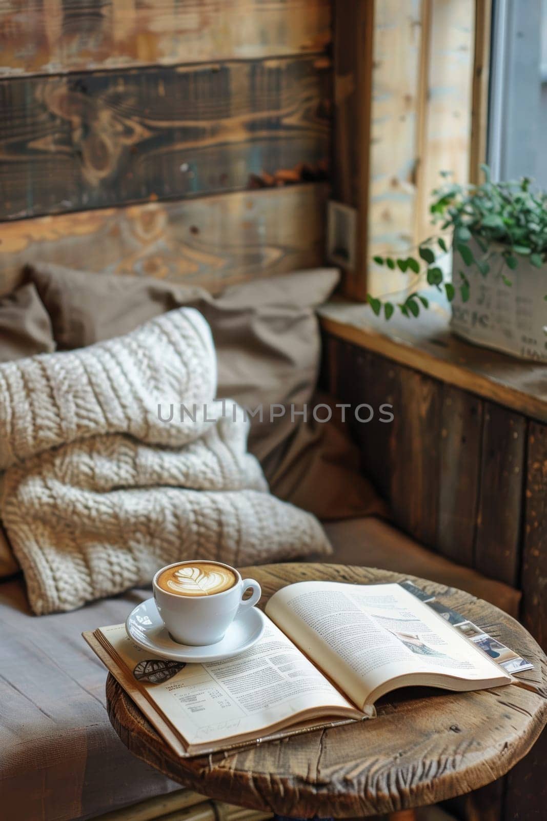 A charming cafe setting featuring a rustic wooden table with a latte art cup and an open book. sunlight streams through the window, mocha mousse cushions and creating a serene reading nook ambiance.