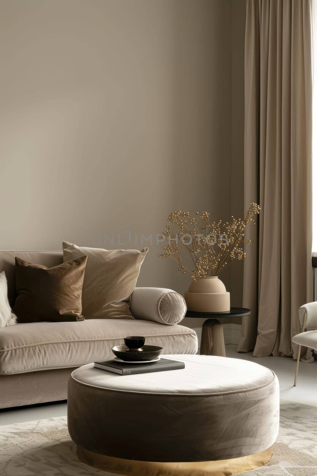 A plush mocha mousse ottoman graces a minimalist living room, featuring neutral tones and elegant gold accents. the serene space includes a modern sofa, abstract art, textured rug, and tasteful decor, creating a sophisticated ambiance.