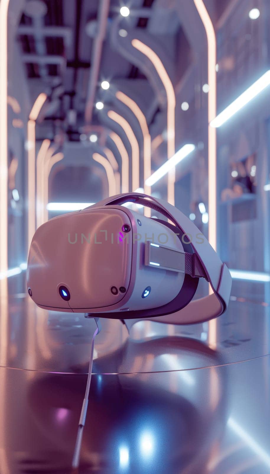 Virtual reality headset in mocha mousse tones sits on a sleek surface within a futuristic room adorned with soft, glowing lights and neon accents, creating an immersive and high-tech atmosphere.