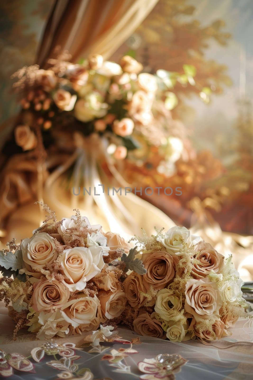 Elegant wedding setup featuring mocha mousse themed bouquets and matching decorations. the sunset backdrop enhances the romantic atmosphere, exquisite floral arrangements and the refined dining setting.