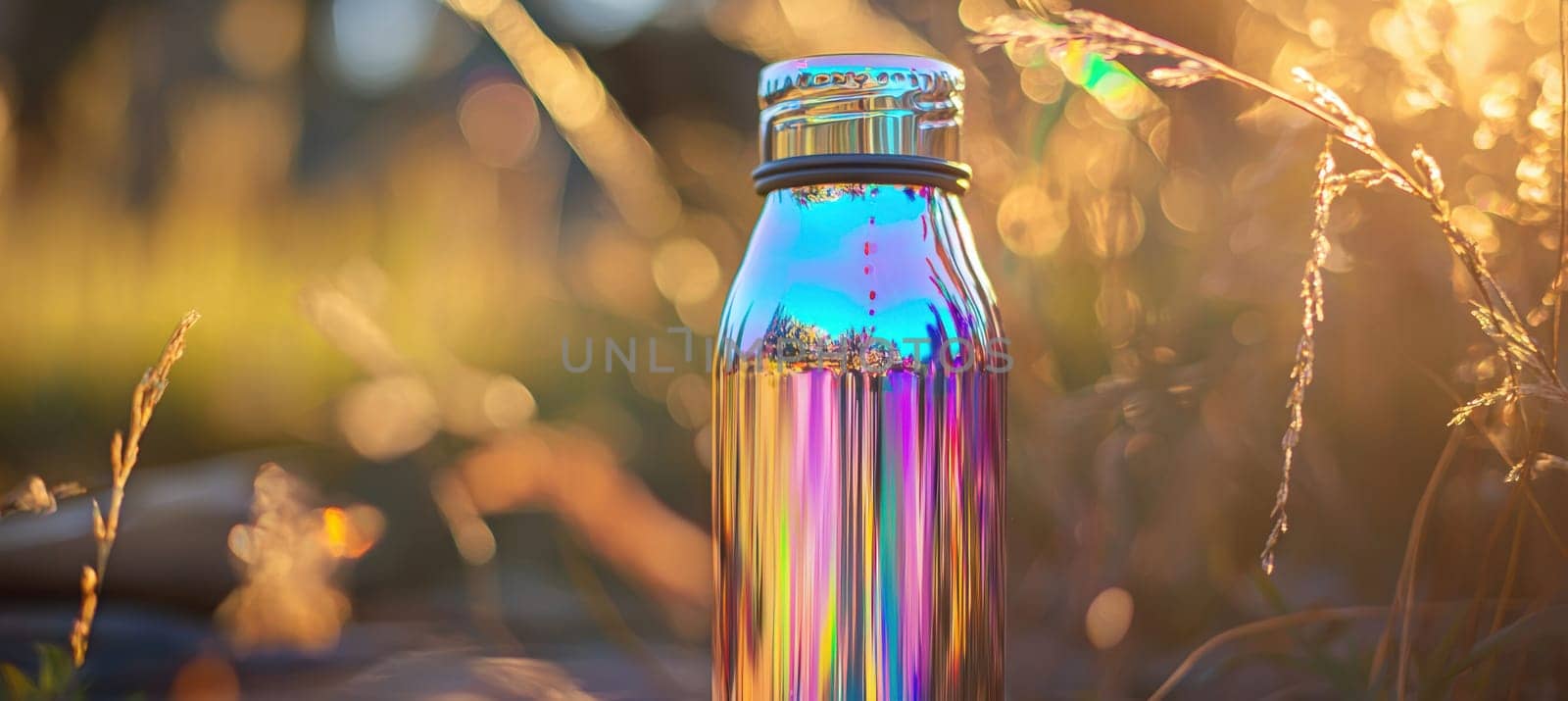 Metallic water bottle adorned with a shiny holographic sticker, reflecting vibrant rainbow hues. softly blurred background enhances the premium, elegant appearance, creating a captivating and modern aesthetic perfect for design inspiration.