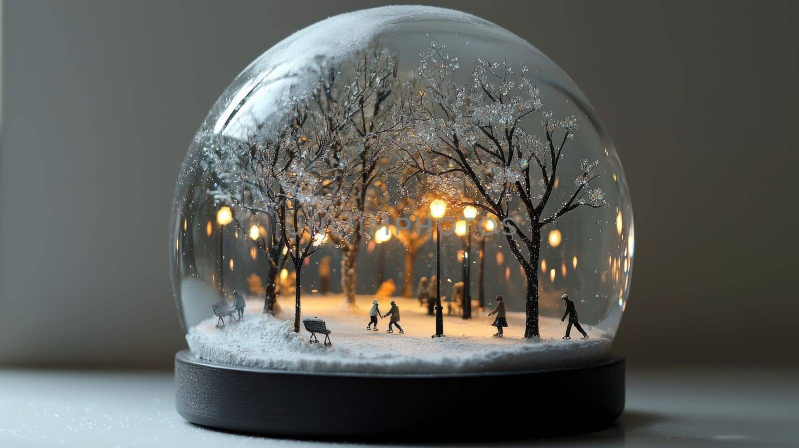 A modern snow globe features a city park draped in snow with skaters enjoying an ice rink. illuminated by warm streetlights, the minimalist base is designed in sleek black and silver tones, creating a stylish winter scene.