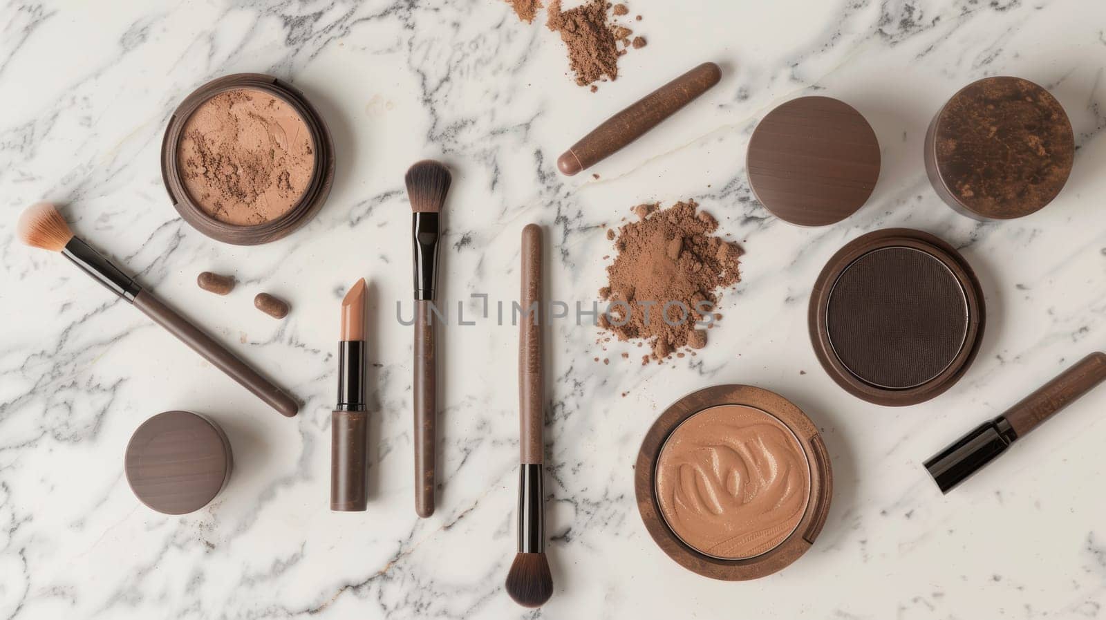 Flat lay of makeup products in mocha mousse shades arranged on a marble surface, featuring lipsticks, brushes, and compact powders. ideal for beauty, fashion, and design concepts focusing on elegance and sophistication.