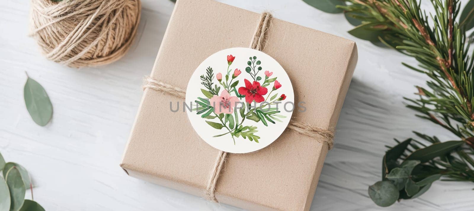 Watercolor floral sticker on a kraft paper gift box, adorned with natural twine, surrounded by greenery and pinecones. ideal for eco-friendly gift packaging, this design melds rustic charm with artistic elegance, perfect for special occasions.