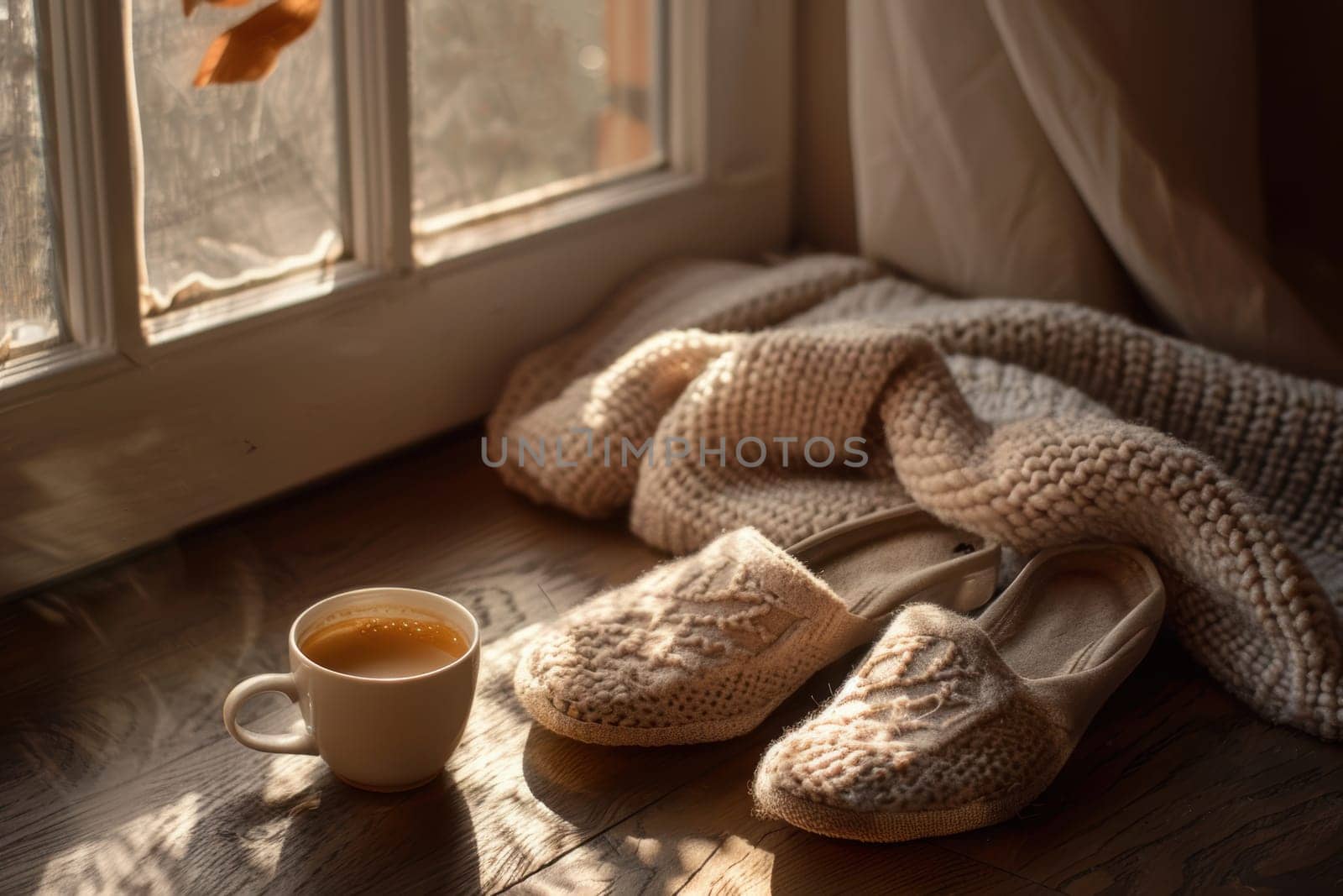 A tranquil weekend morning setup featuring mocha mousse slippers, a coffee cup, and a soft knit throw. warm natural light casts a serene glow across the calming arrangement, perfect for relaxation and comfort during leisure time.