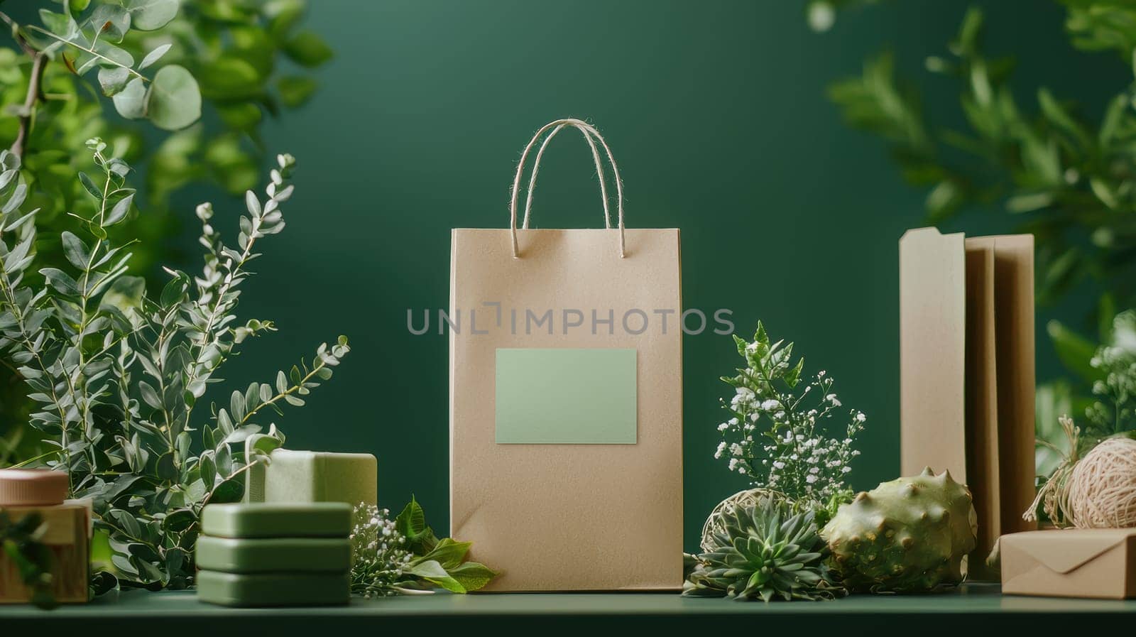 Featuring a rectangular sticker with eco-friendly branding, a paper shopping bag is surrounded by sustainable packaging. greenery and natural elements enhance the environmentally conscious aesthetic. ideal for eco-conscious design themes.
