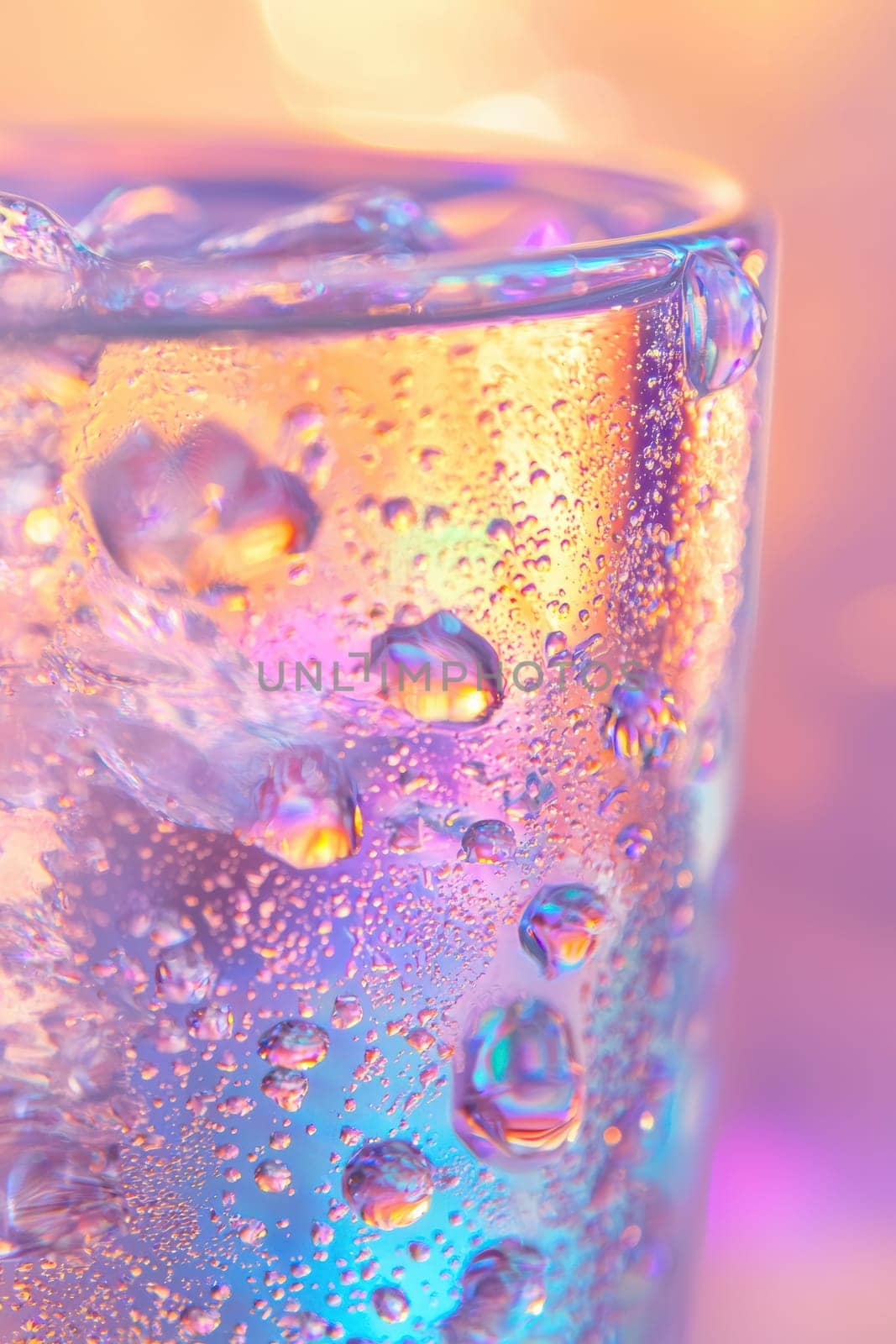 A close-up of a holographic sticker on a frosted glass tumbler highlights its iridescent rainbow effect under soft lighting. the shimmering colors create a visually captivating scene with a blend of warm and cool tones.