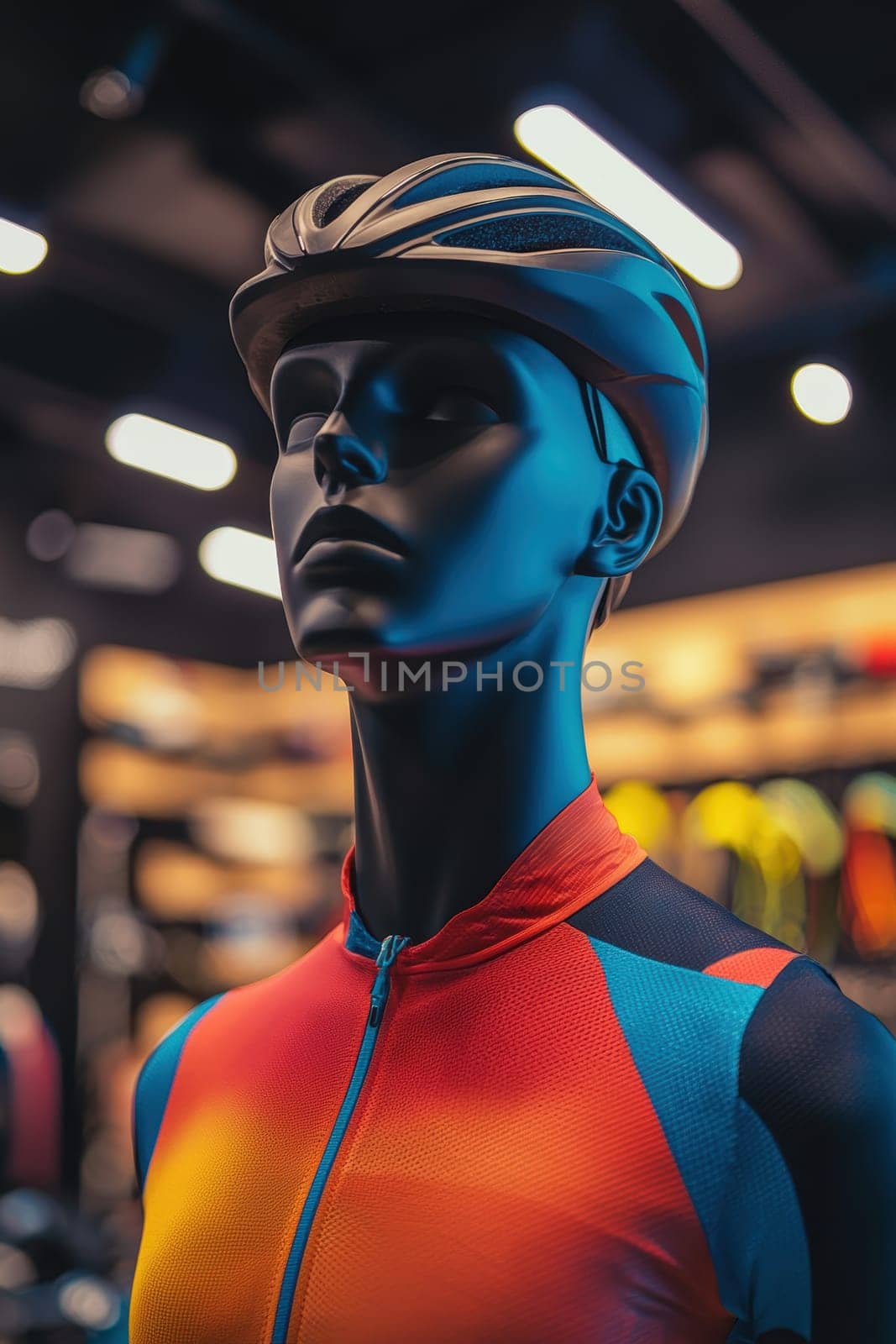 Mannequin showcasing a colorful cycling jersey with detailed stitching in a well-lit retail store. blurred bicycle racks in the background emphasize a sporty atmosphere. the vibrant apparel contrasts with sleek cycling gear for dynamic visual appeal.