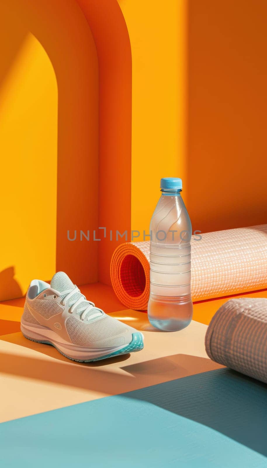 Mocha mousse-themed athletic wear, a water bottle, and a yoga mat set in a brightly lit gym studio. the arrangement creates a modern and inviting atmosphere, the essentials for a fulfilling fitness session.