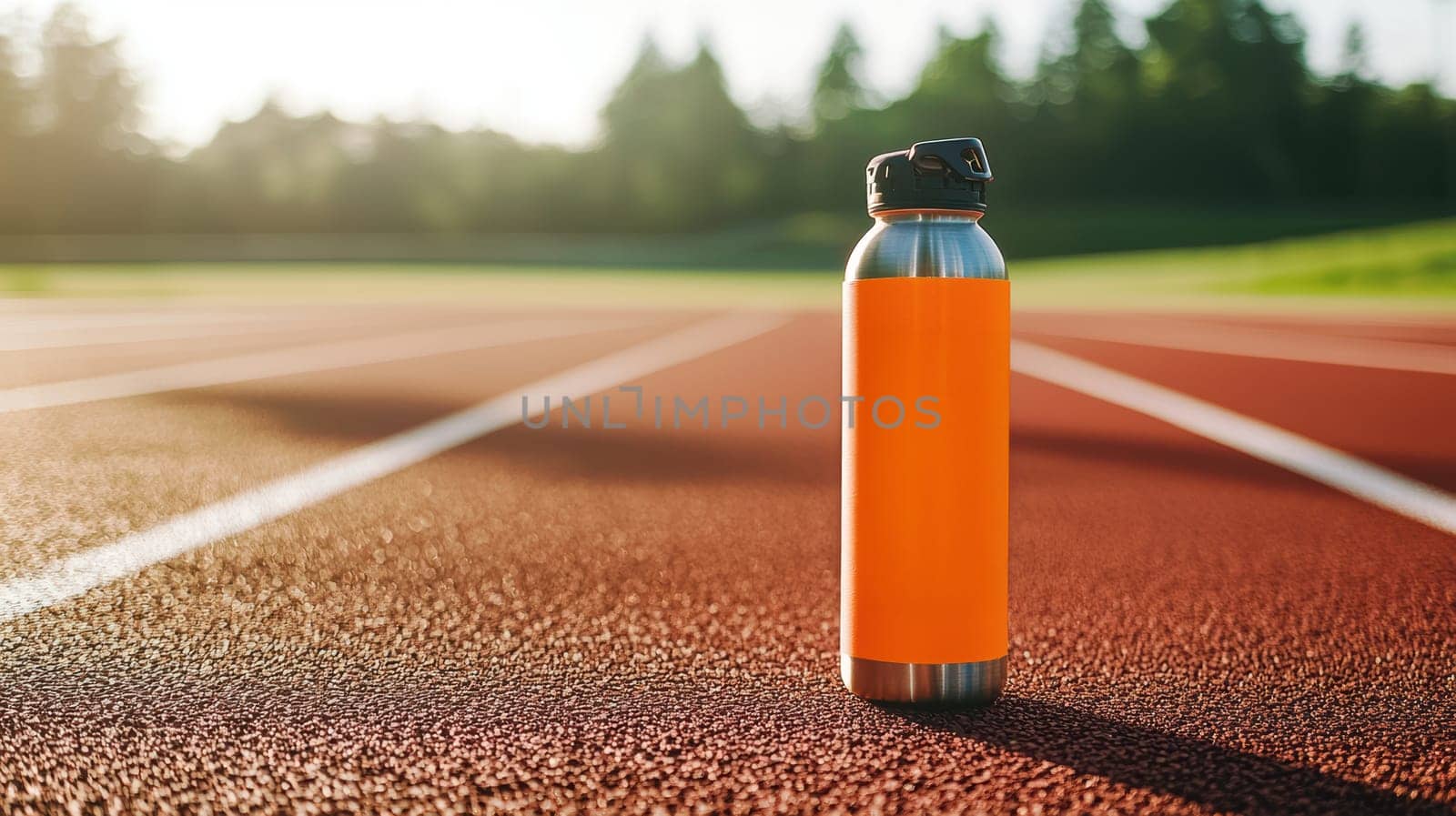 Sleek water bottle with a bold, sports-themed vinyl sticker, set on an outdoor athletic track. ideal for fitness motivation, sports events, or promotional designs. it highlights durability and style, catering to active lifestyles.