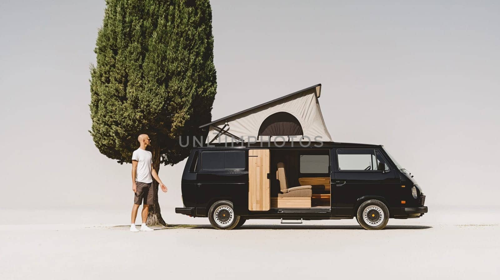 Sleek black camper van is parked in a field, its door open to reveal a cozy interior, inviting you to experience the freedom of the open road