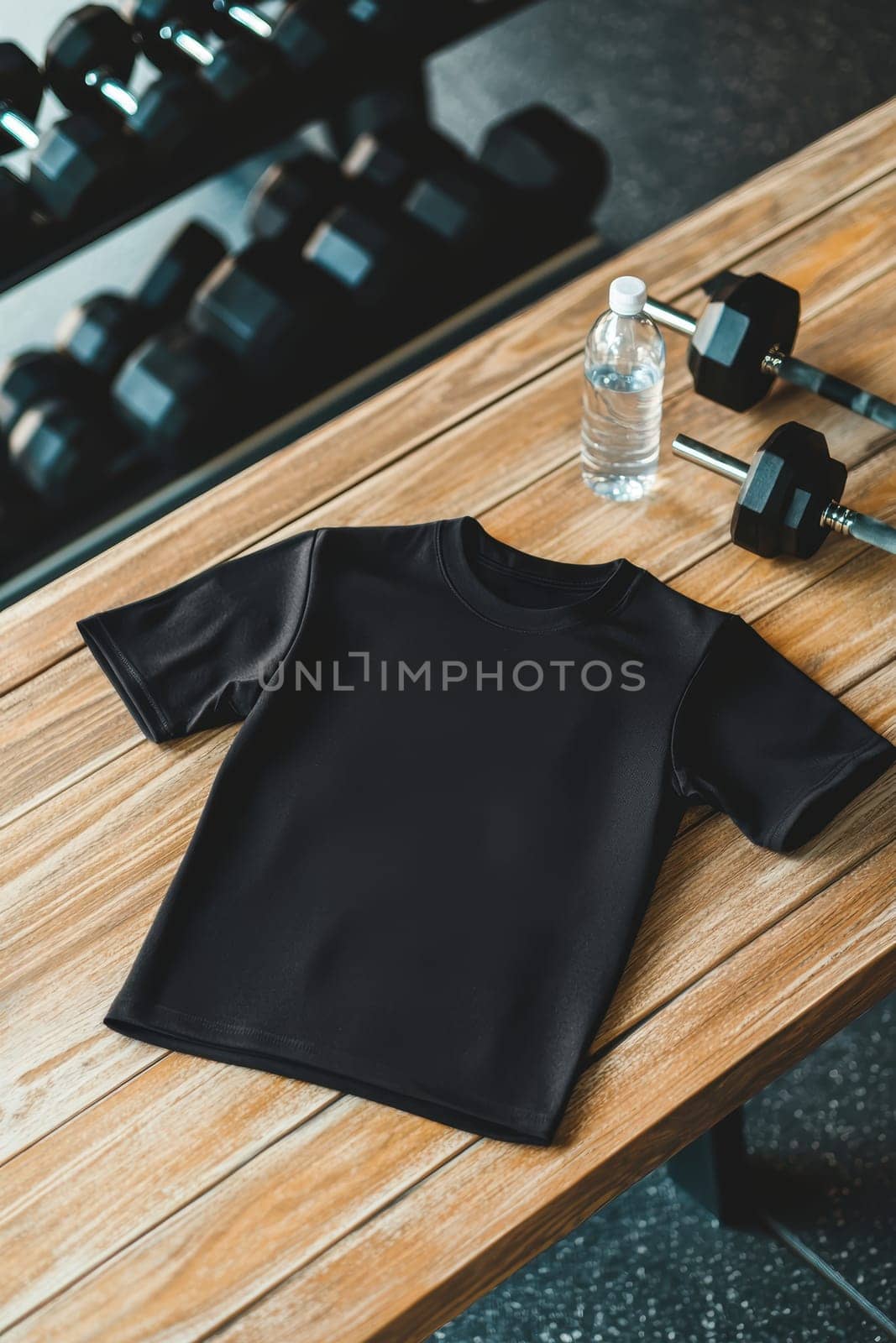 A sleek sports jersey mockup positioned on a wooden table, accented by gym essentials like dumbbells and a water bottle. the arrangement underscores fitness and modern style, ideal for branding, marketing, or athletic design concepts.