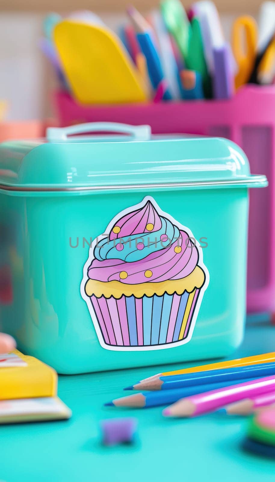 Whimsical pastel cupcake sticker decorates a child's pink lunchbox. surrounded by vibrant school supplies, including colored pencils and crayons in a classroom setting, creating a cheerful and playful atmosphere.