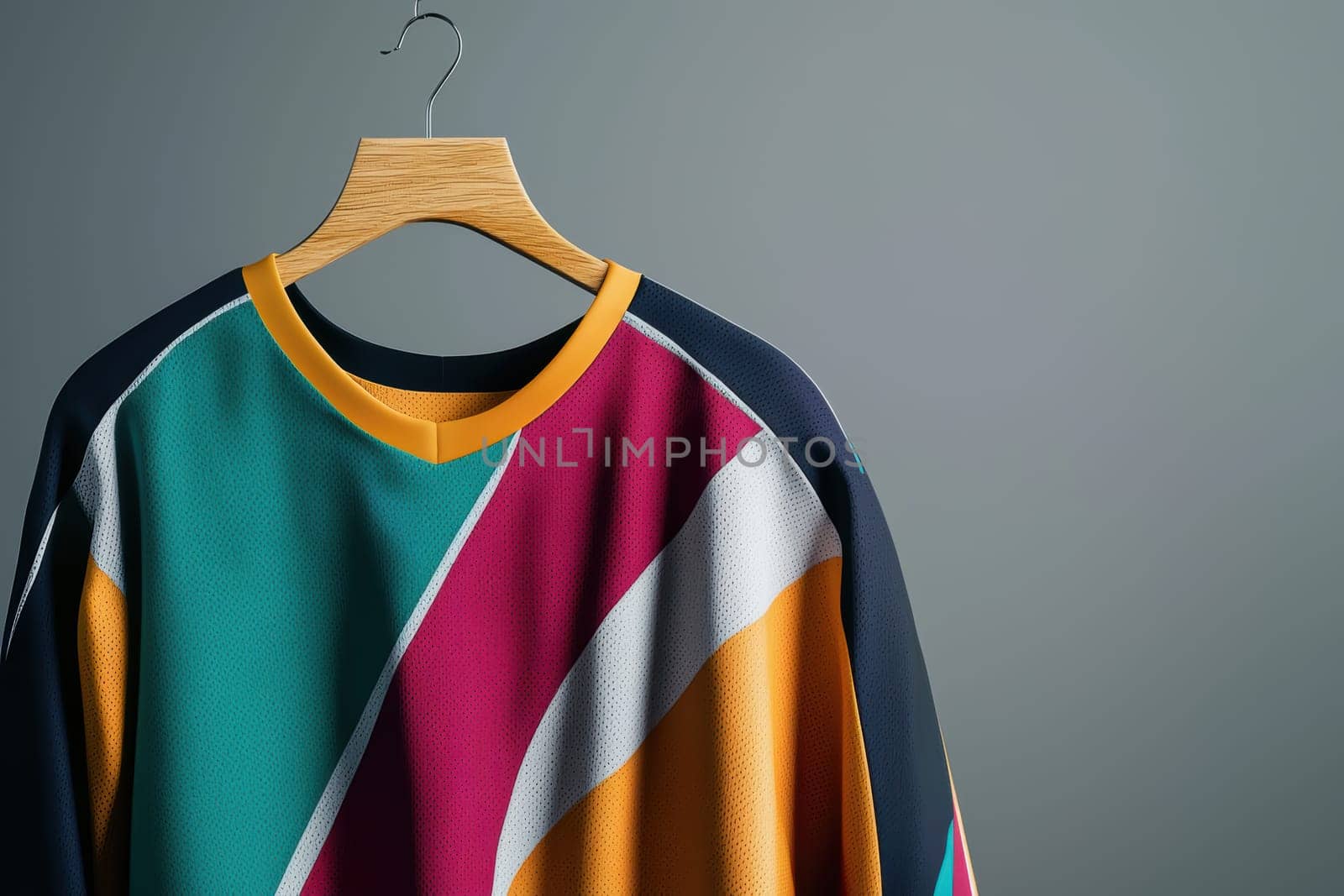 Realistic sports jersey hanging on a wooden hanger against a neutral gray backdrop, showcasing vibrant colors with customizable space for logos or designs. ideal for presentations, branding, and promotional content in sports merchandise.