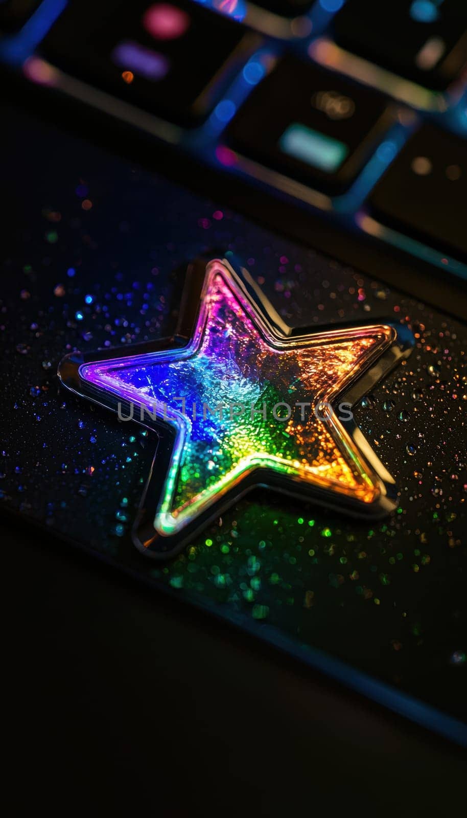 A striking holographic star sticker decorates a sleek, glossy black laptop. the scene showcases vivid rainbow reflections under direct lighting, creating a dynamic and colorful visual effect that highlights modern design aesthetics.