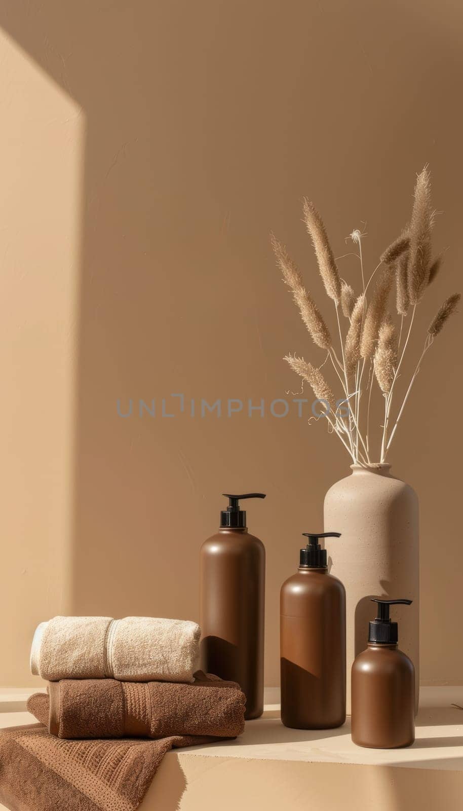Minimalist setup with mocha mousse-colored water bottles and gym towels set against a textured neutral backdrop. ideal for wellness and fitness promotions, this stylish arrangement highlights modern, earthy tones and textures.