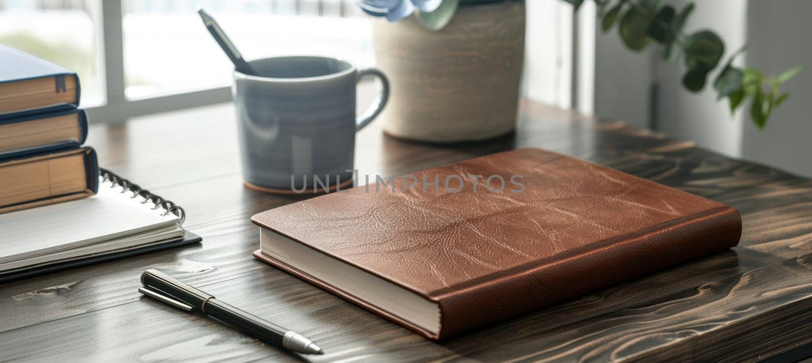 A premium mocha mousse-covered textbook sits elegantly on a wooden desk alongside an open notebook and pen. ideal for study routines, writing sessions, or literary aesthetics, this setup inspires educational and creative pursuits.