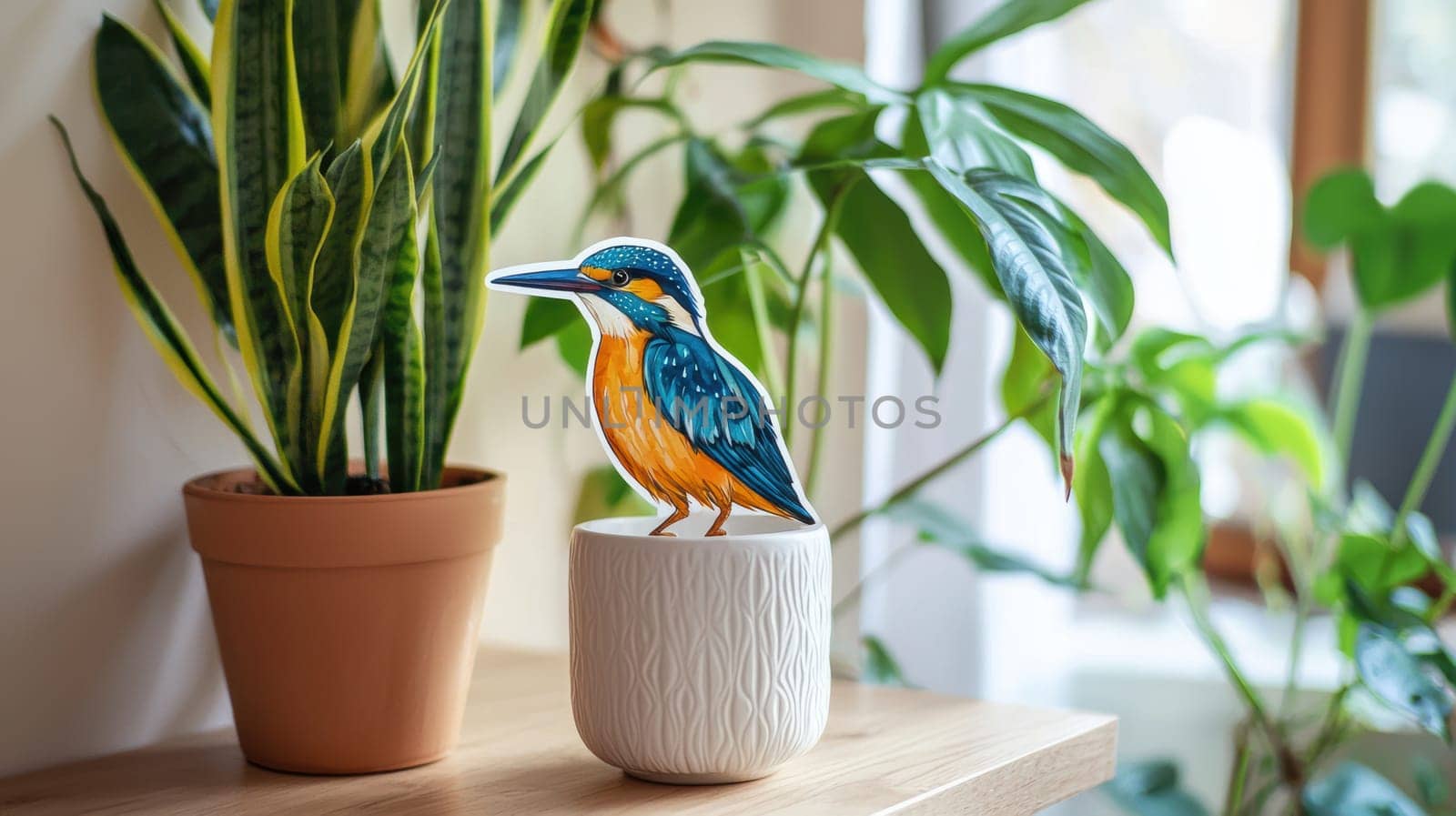 A lively tropical bird sticker on a white ceramic vase enhances an indoor setting styled with lush green plants. the combination brings a fresh, natural aesthetic to home decor, emphasizing color and organic elements.