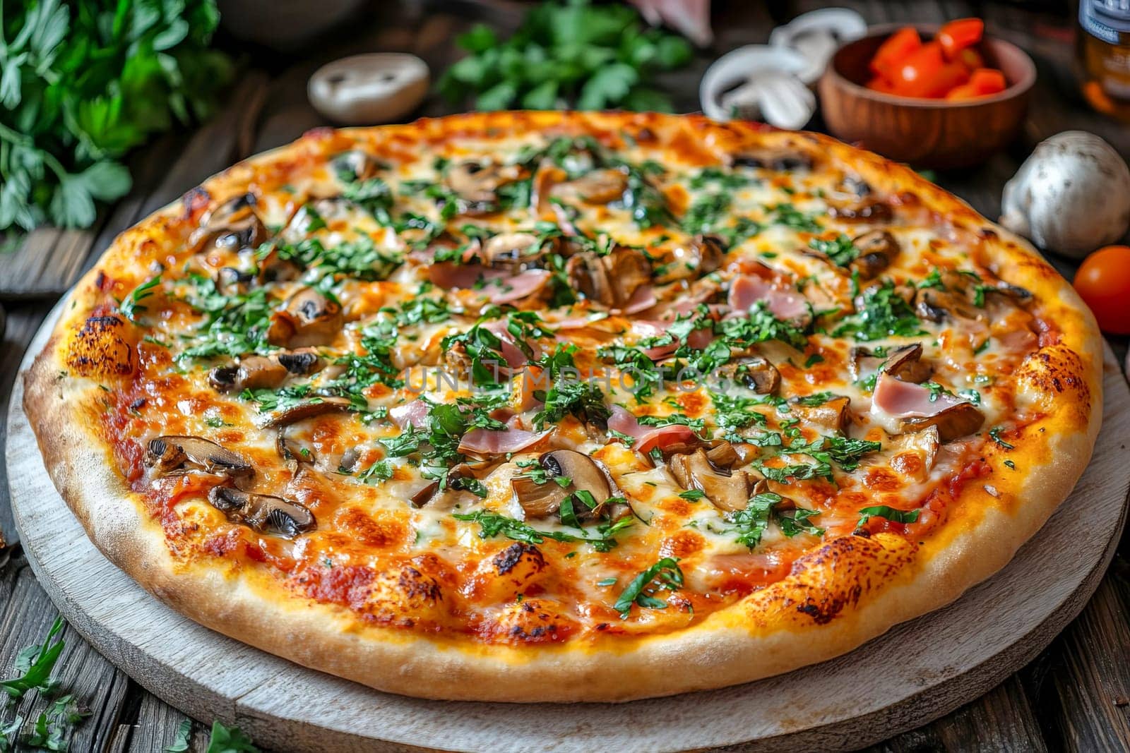 Pizza topped with ham, mozarella and mushrooms. It represents comfort food enjoyed globally for its versatility.