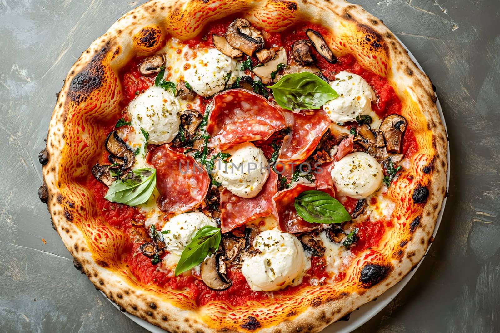 Pizza topped with ham, mozarella and mushrooms. It represents comfort food enjoyed globally for its versatility.