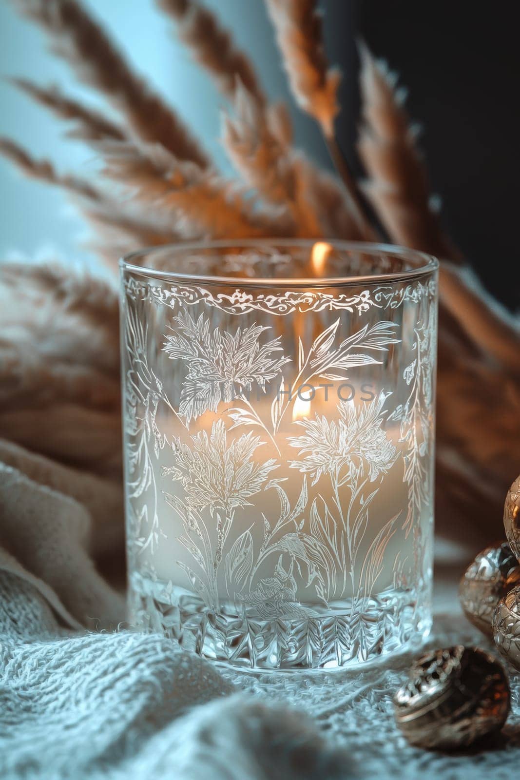 A frosted glass candle holder adorned with an intricate holographic floral sticker, styled amidst luxurious decor elements. soft lighting and surrounding florals enhance the elegance, ideal for upscale interior design concepts.
