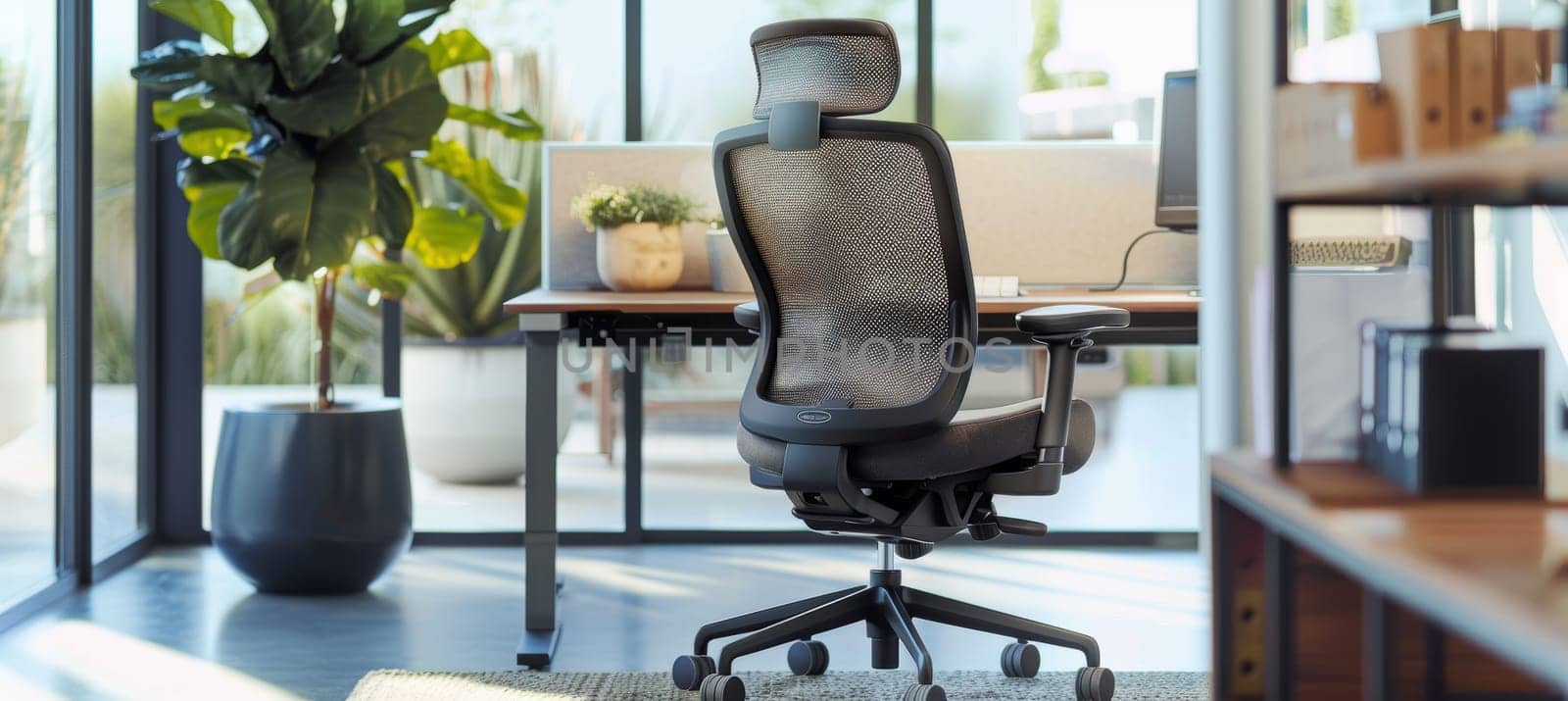 Mocha mousse ergonomic chair complements a sleek, modern desk in a sunlit office. large potted plants and soft natural lighting enhance the workspace ambiance, blending comfort and style for an inviting professional environment.