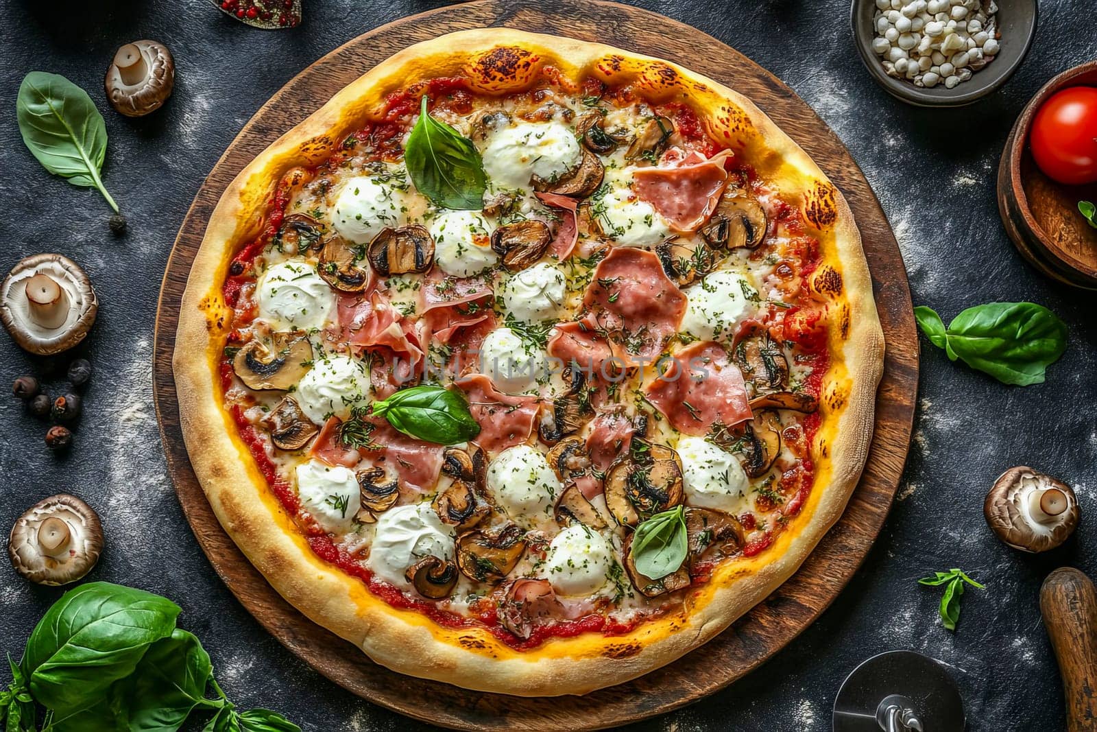 Pizza topped with ham, mozarella and mushrooms. It represents comfort food enjoyed globally for its versatility.