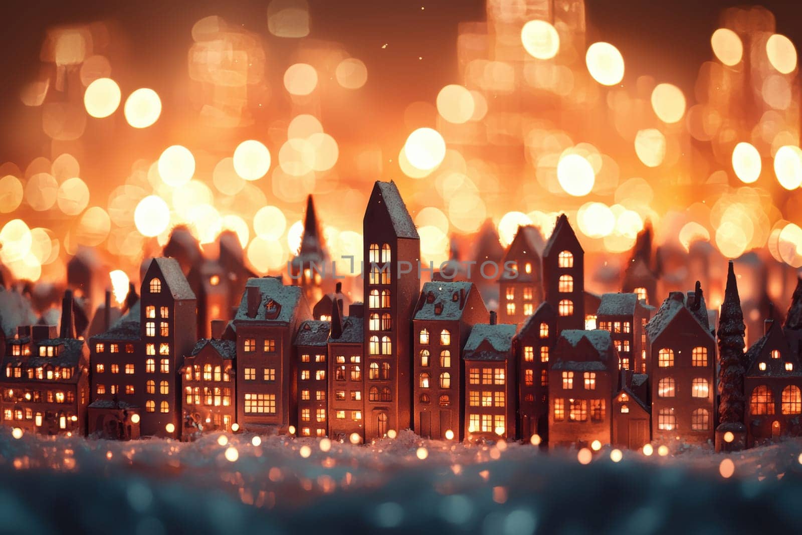 A high-end advent calendar designed as a detailed miniature cityscape, featuring intricately crafted buildings. each window opens to reveal premium gifts. the warm, illuminated holiday background is enhanced with soft bokeh lights creating a festive atmosphere.