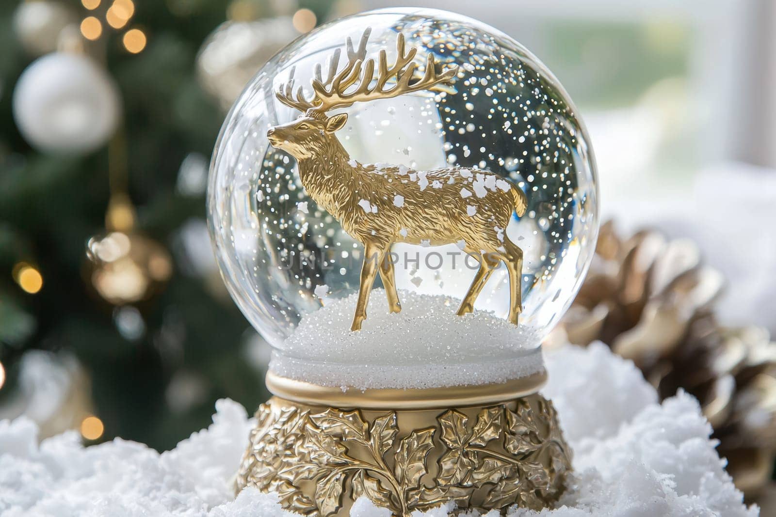 A luxurious snow globe features a majestic golden stag standing on a snowy hill, surrounded by sparkling snowflakes. the base is intricately designed with rich textures and embellished with embossed gold leaves, perfect for festive decoration.