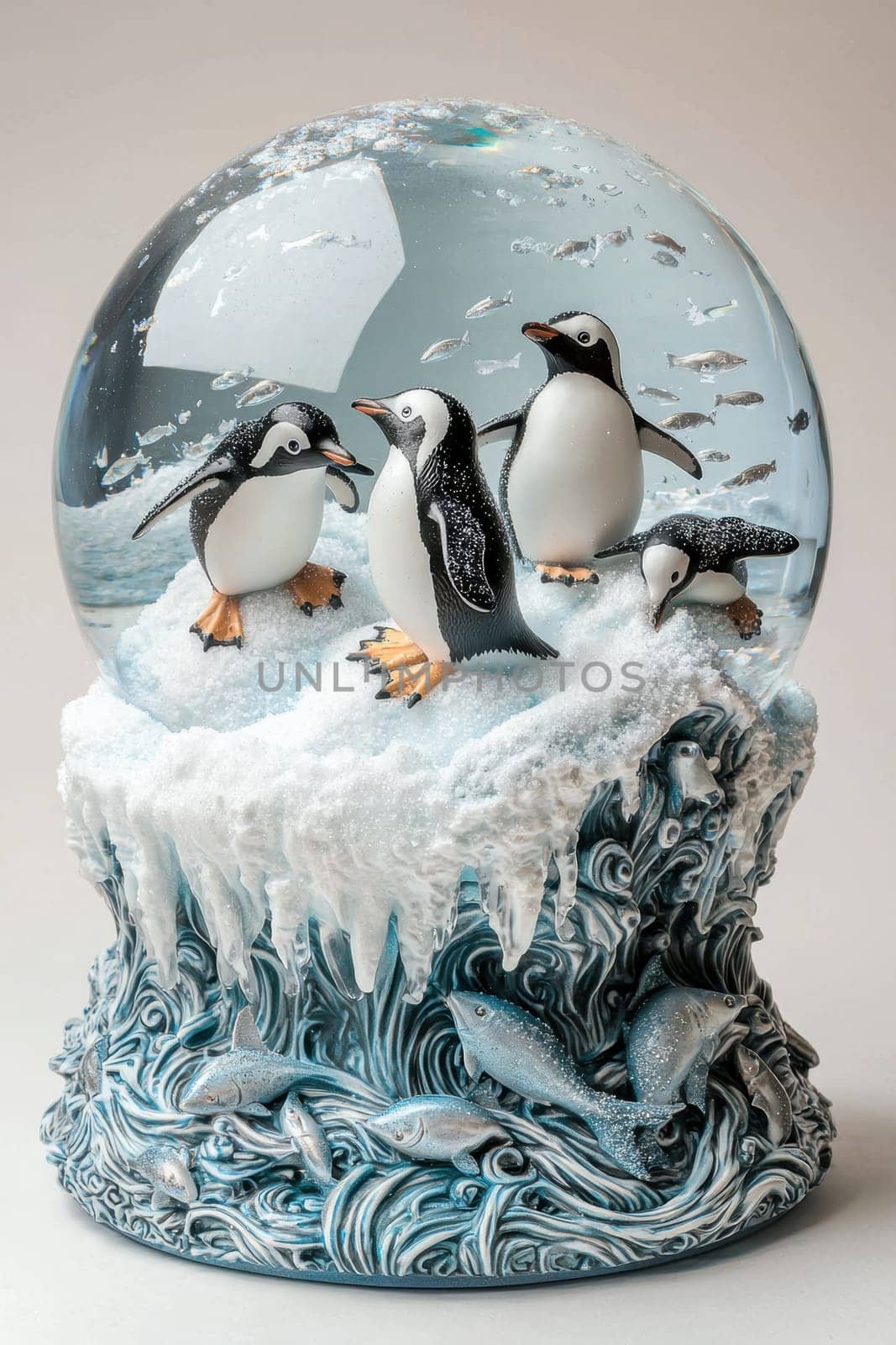 Penguins frolic on icy slopes within a detailed snow globe, surrounded by a snowy arctic landscape. the base features intricate icy blue textures and fish patterns, creating a whimsical holiday decoration perfect for wintry displays.