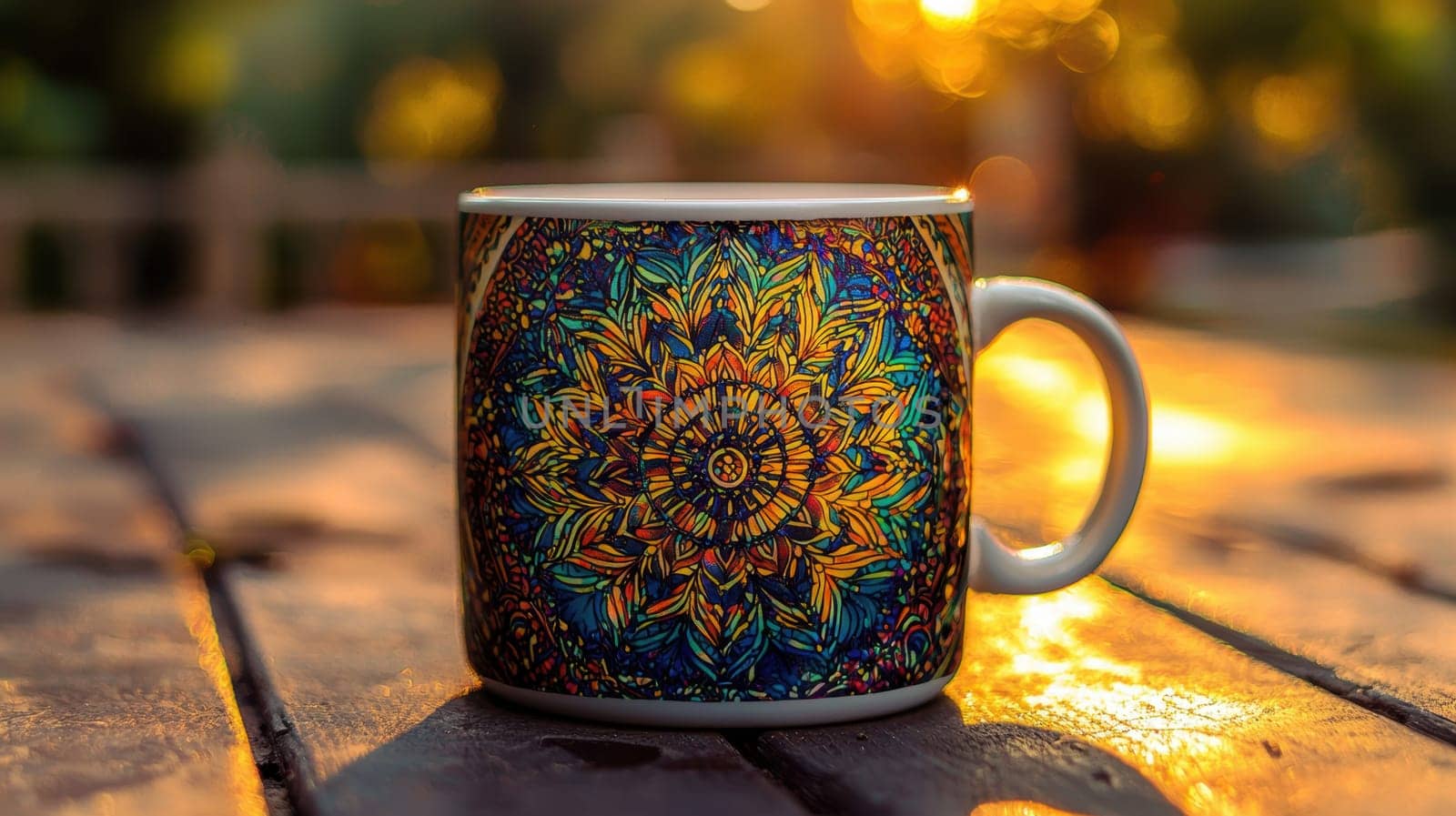 A glossy white ceramic coffee mug adorned with an intricate holographic mandala sticker. the bright natural lighting enhances the shimmer and vibrant colors, creating a visually captivating and artistic design, perfect for print, card, or poster use.
