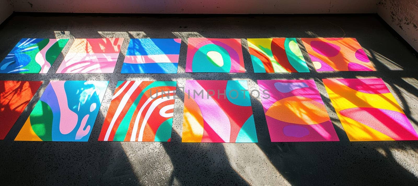 Vibrant die cut stickers in an array of colors adorn a concrete floor, creating a dynamic and energetic display. the dramatic lighting enhances the vivid hues and intricate patterns, perfect for creative design inspiration and artistic expression.