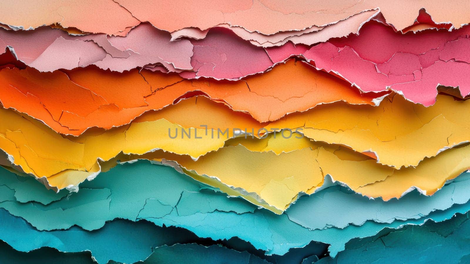 Brightly colored torn paper layers arranged in a wave-like pattern, showcasing contrasts in texture and hue. this dynamic composition is ideal for use in lively and visually engaging advertising, graphic design, or marketing materials.