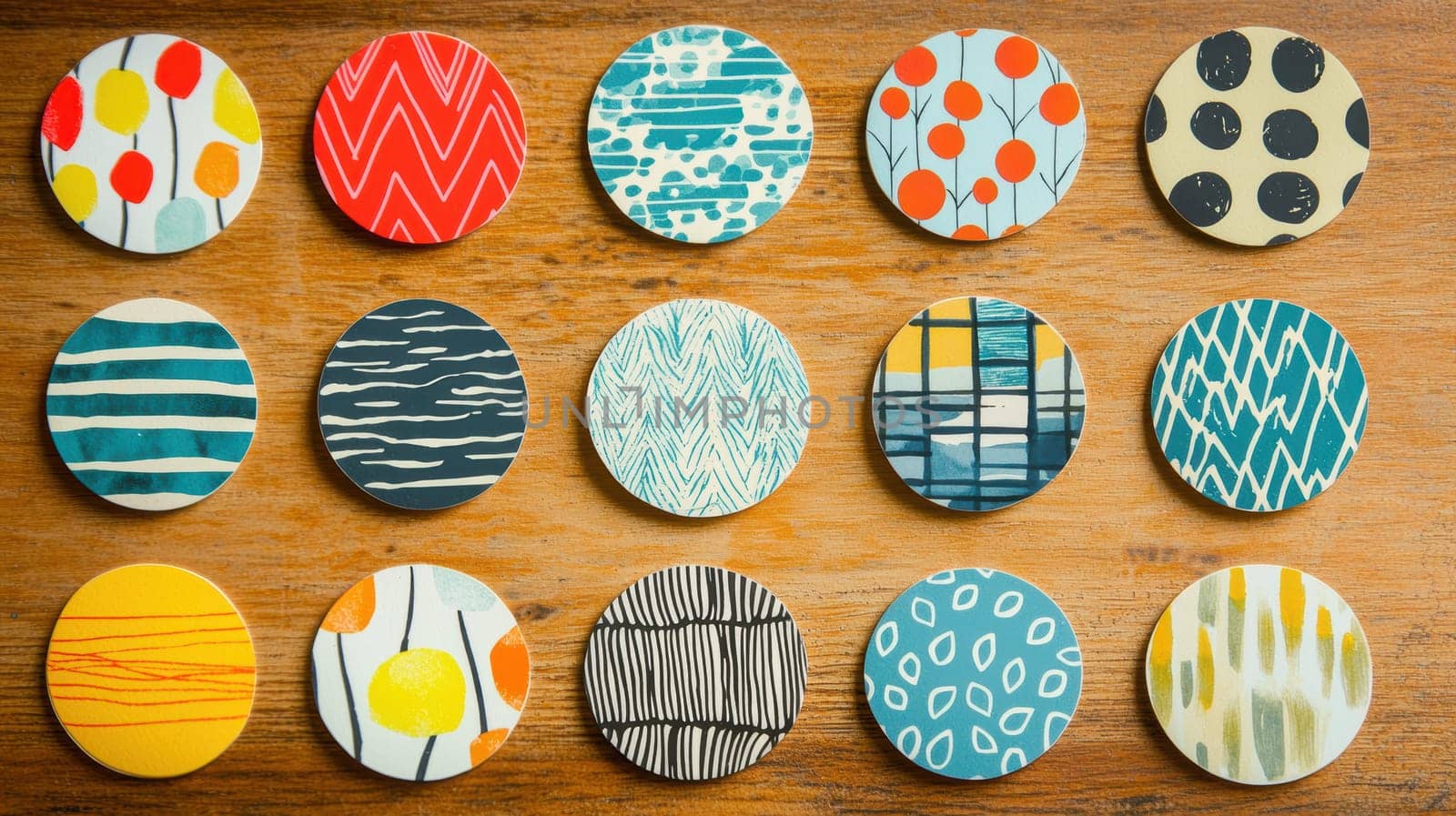Circular stickers with vibrant designs arranged on a wooden surface, ideal for promotional branding. the soft natural lighting enhances the colors and textures, making them suitable for creative marketing, print, or design projects.