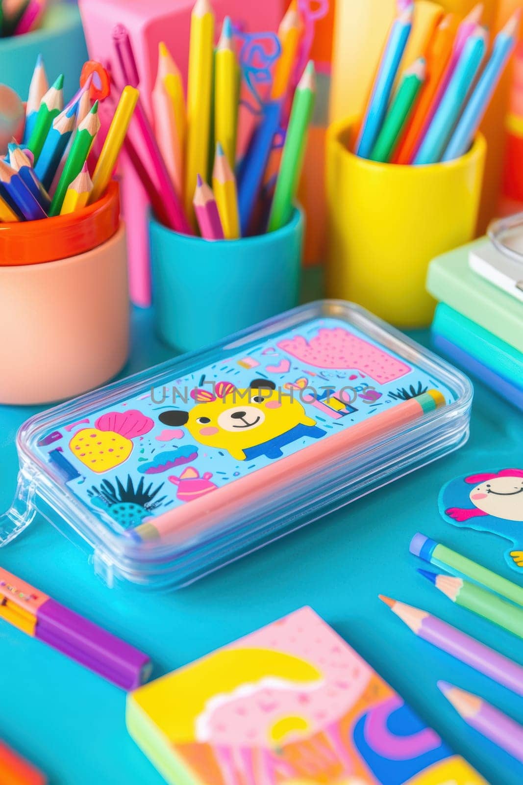 Whimsical animal stickers adorn a clear pencil case surrounded by an array of colorful school supplies. pencils, markers, and erasers create a vibrant and creative environment, ideal for a back-to-school theme or educational design.