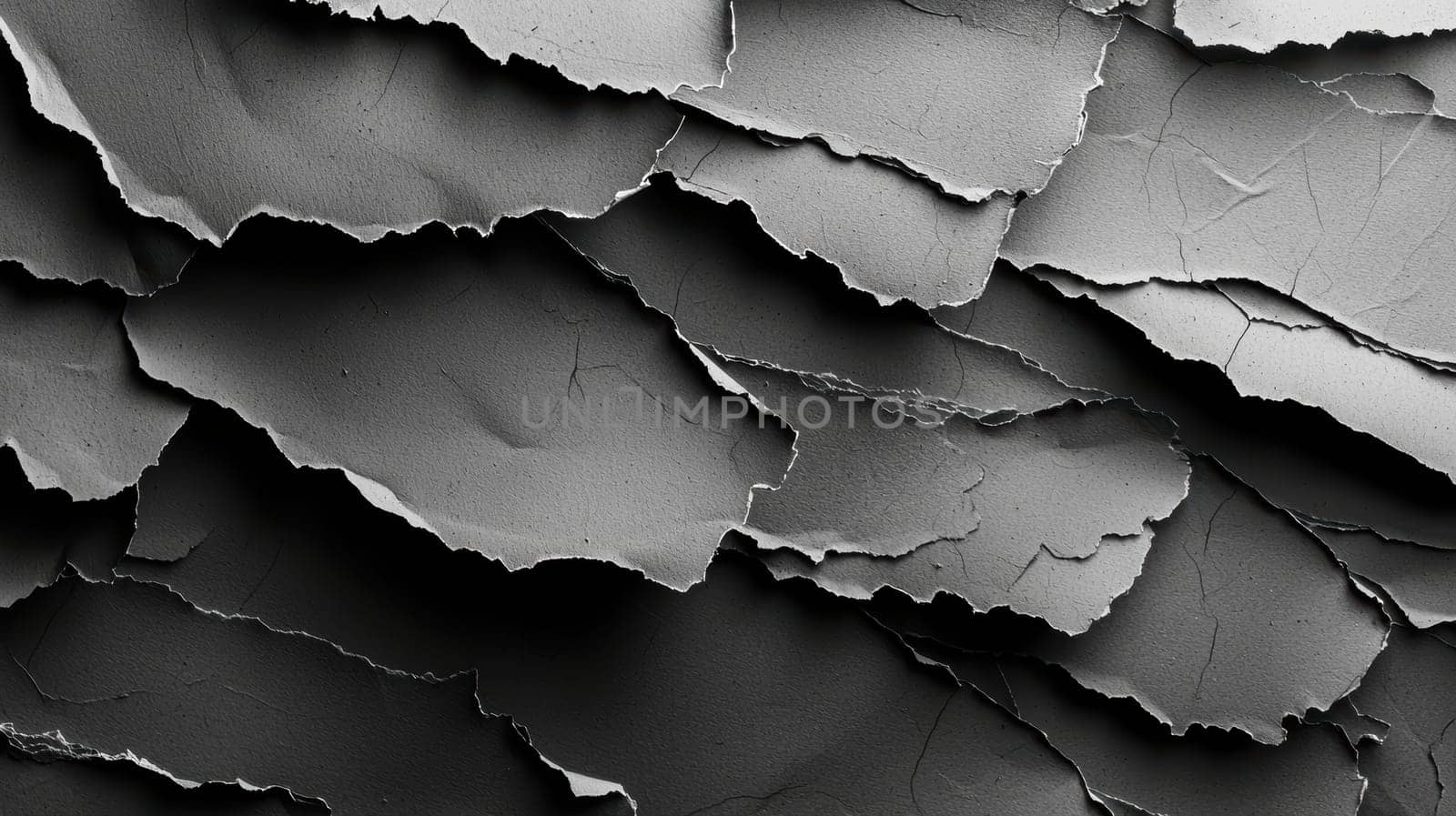 Layered torn paper textures create a striking abstract background in monochrome tones. the highly textured and irregular edges offer a unique element for modern branding, graphic design, or artistic compositions, emphasizing depth and contrast.