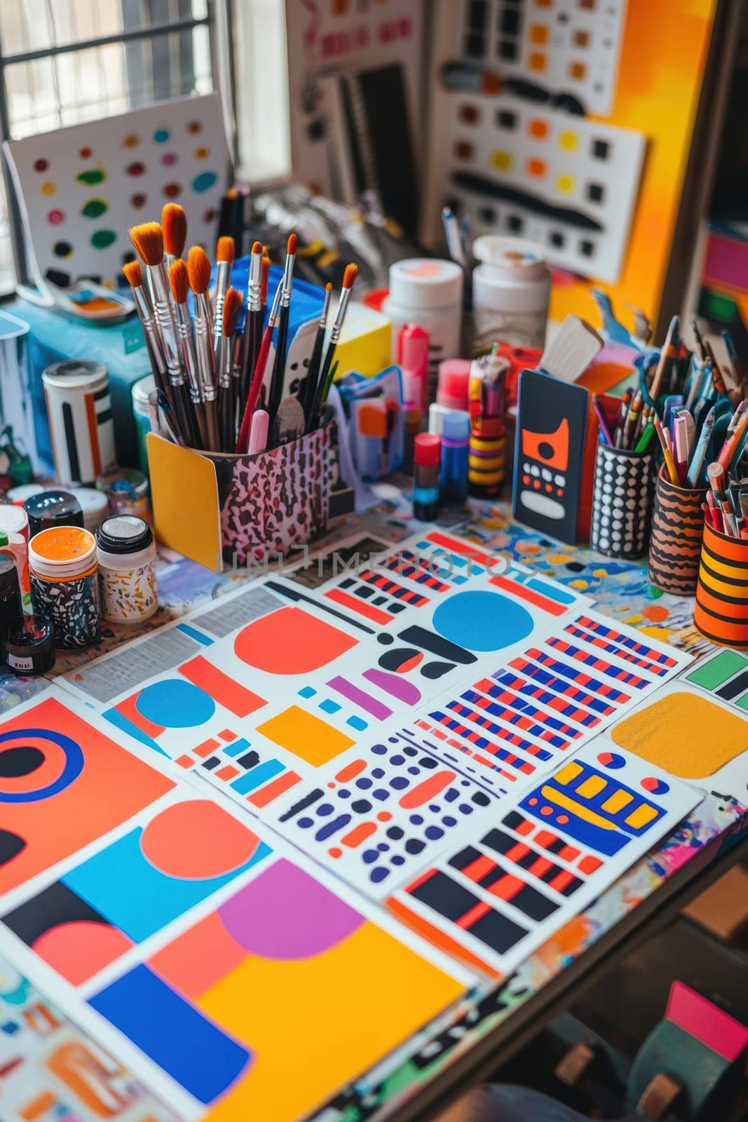A vibrant sticker sheet featuring bold geometric designs adorns a desk filled with art supplies. the dynamic workspace exudes creativity, showcasing tools like markers, paints, and brushes, perfect for artists and designers.
