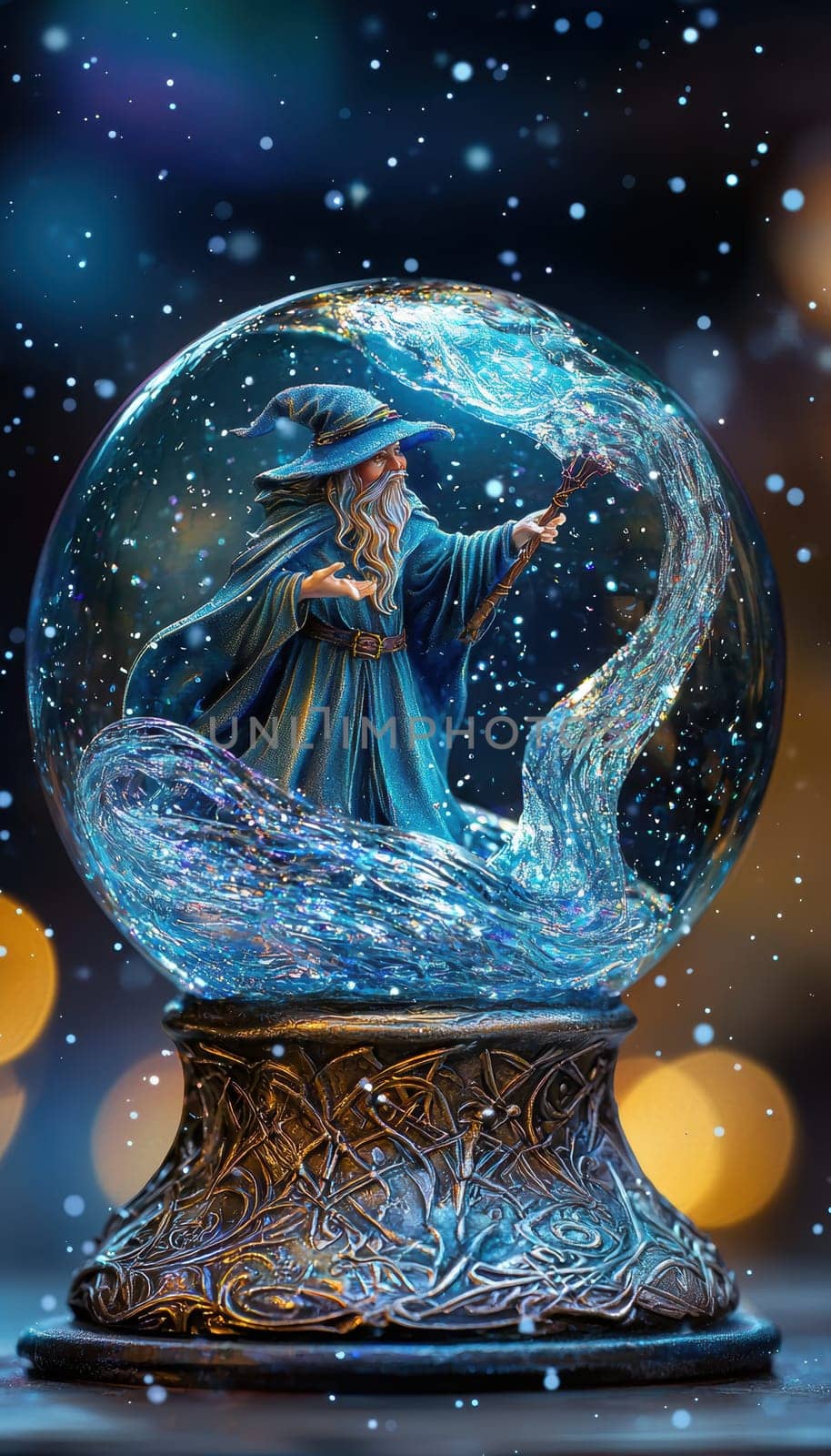 A whimsical fantasy snow globe features a tiny wizard conjuring a snowstorm, with swirling magic and glowing effects. the ornate base is adorned with intricate arcane runes and shimmering colors, creating an enchanting piece perfect for holiday decor.